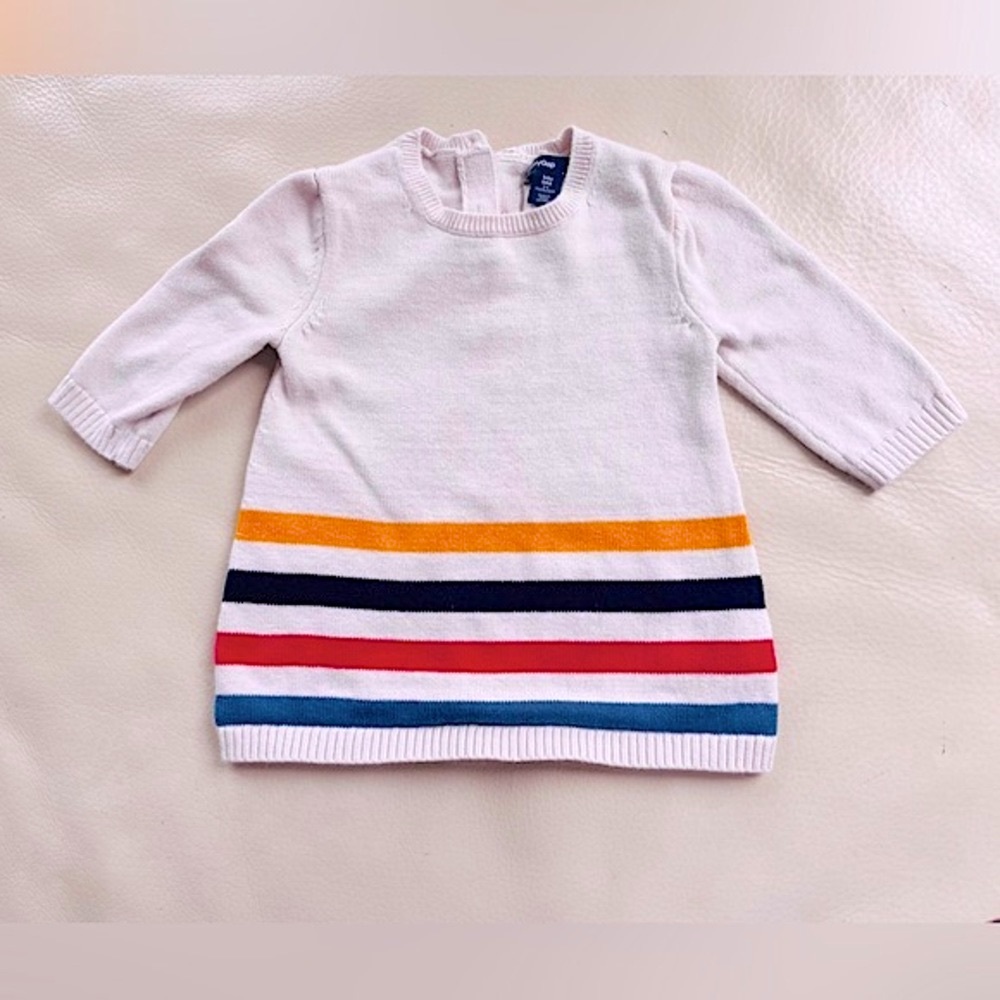 💥3/$20💥3-6M Gap Soft Sweater Dress, Long-Sleeve, Cream Red Gold Blue Stripes - Picture 1 of 10
